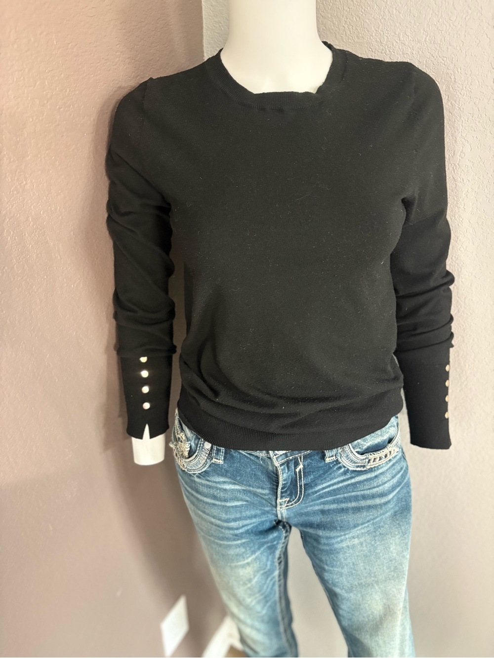 Active USA Black Crewneck Sweater with Pearl Cuff Buttons
